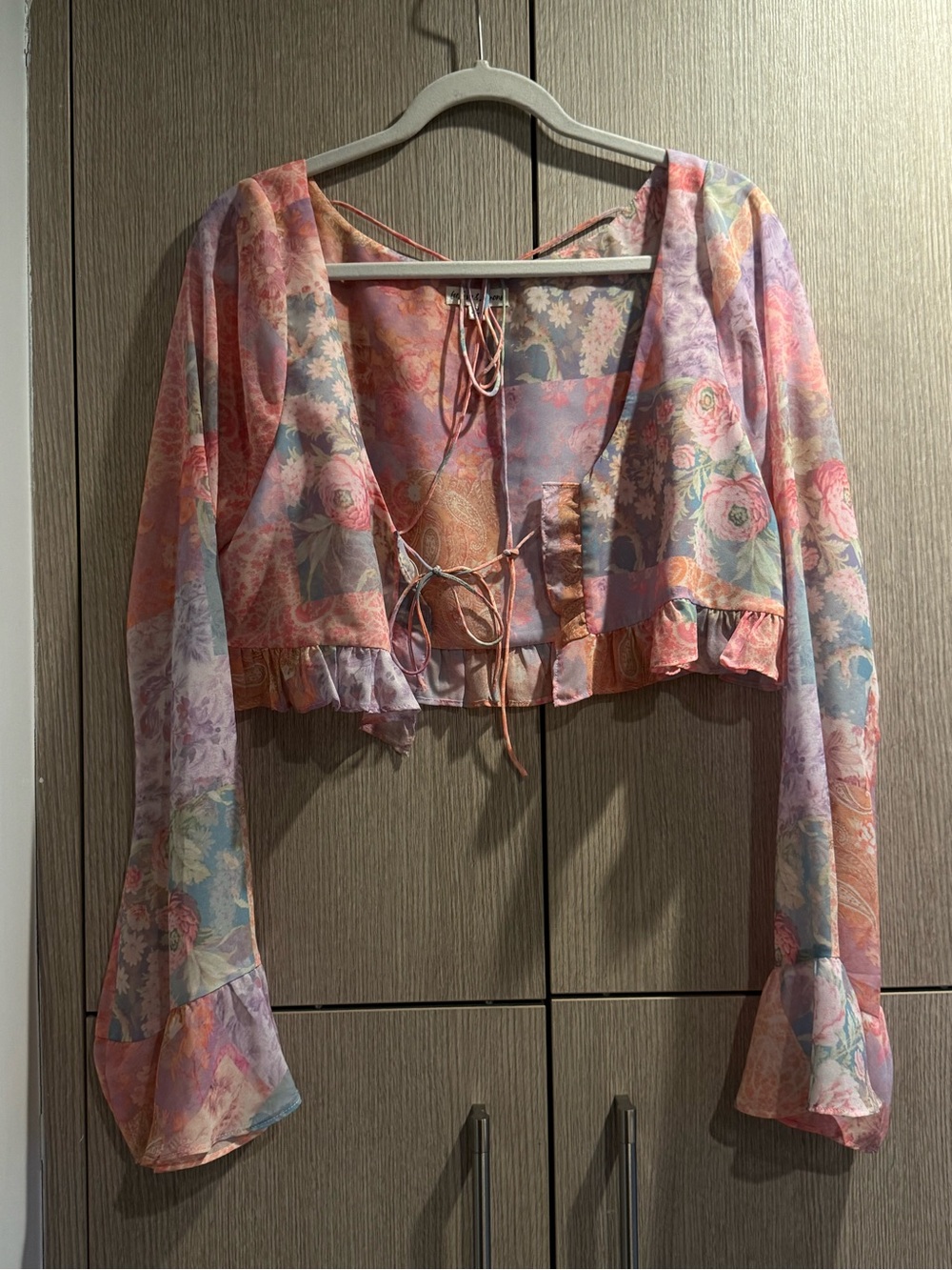 For Love and Lemons Floral Tie-Front Crop Blouse in Pastel Pink